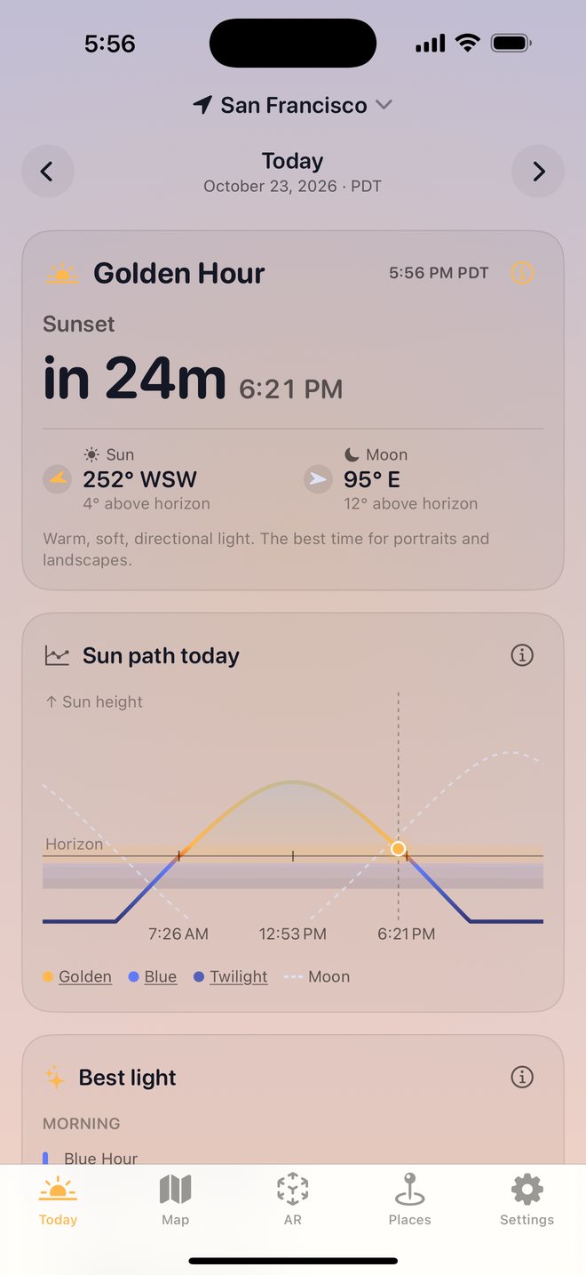Today screen showing golden hour, a sunset countdown and the sun path chart