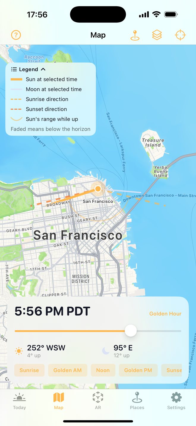 Map with sun and moon direction lines and a time slider